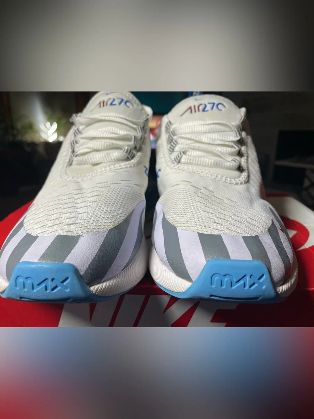 Nike Air Max 270 White with Blue, Pink & Navy Accents 7.5W - 6Y